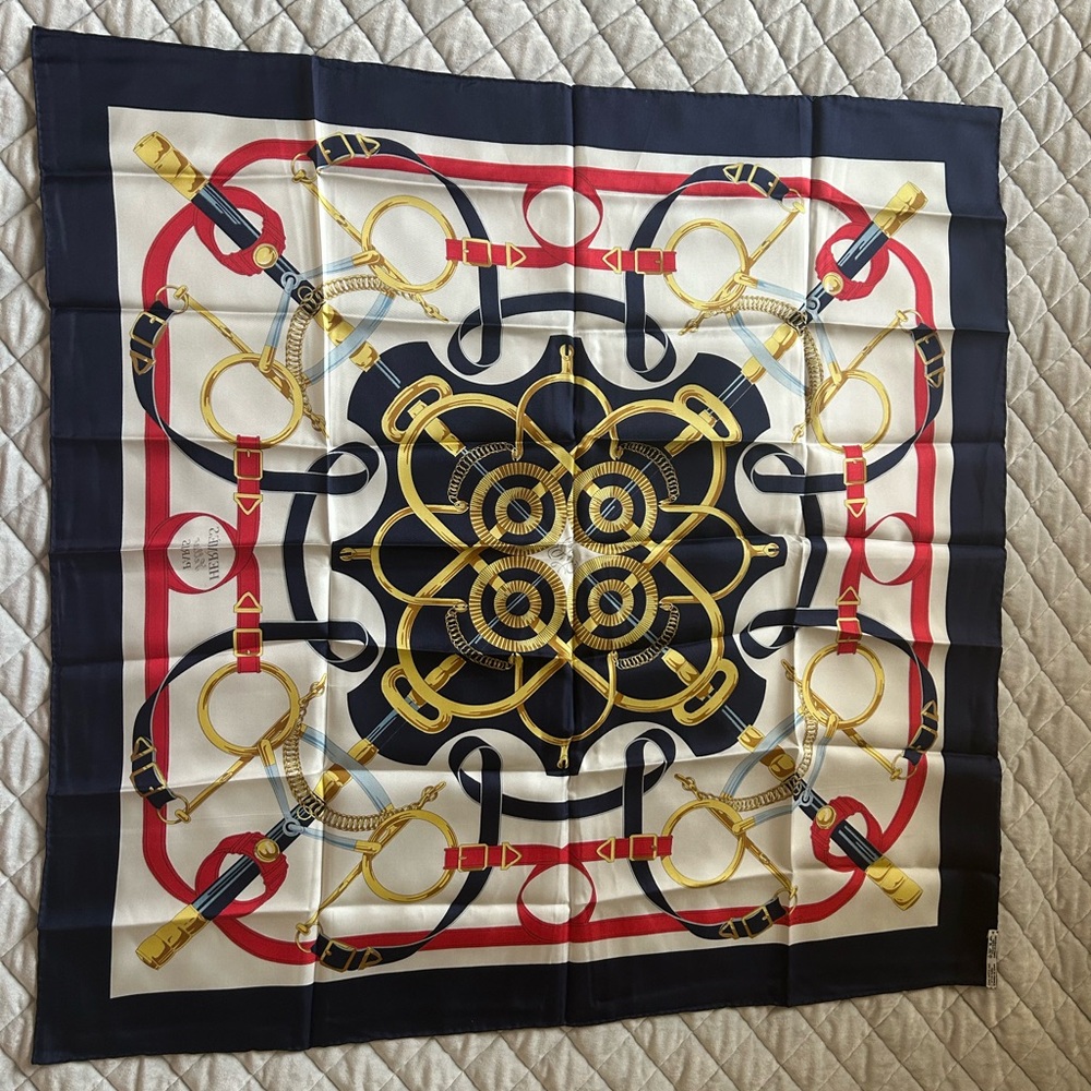 Hermès Éperon d’Or Silk Scarf 35” (Navy/Red/Gold) with Original Sleeve